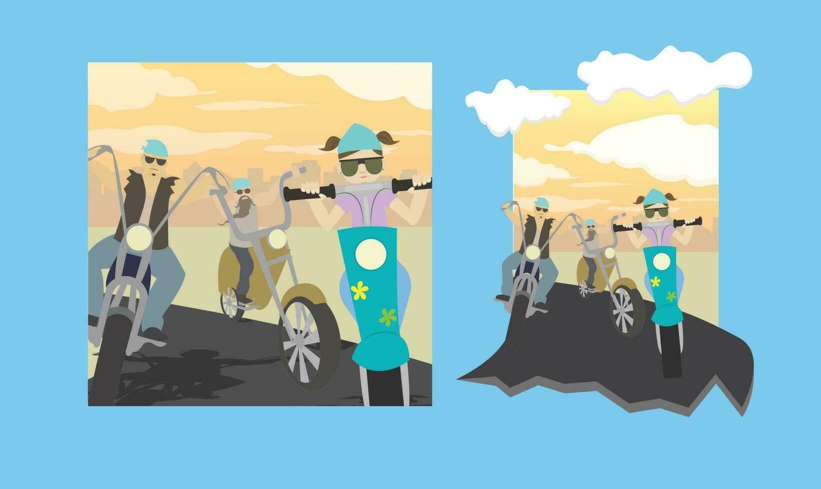 Girl Riding in Sunset with Motorcycle Gang vector