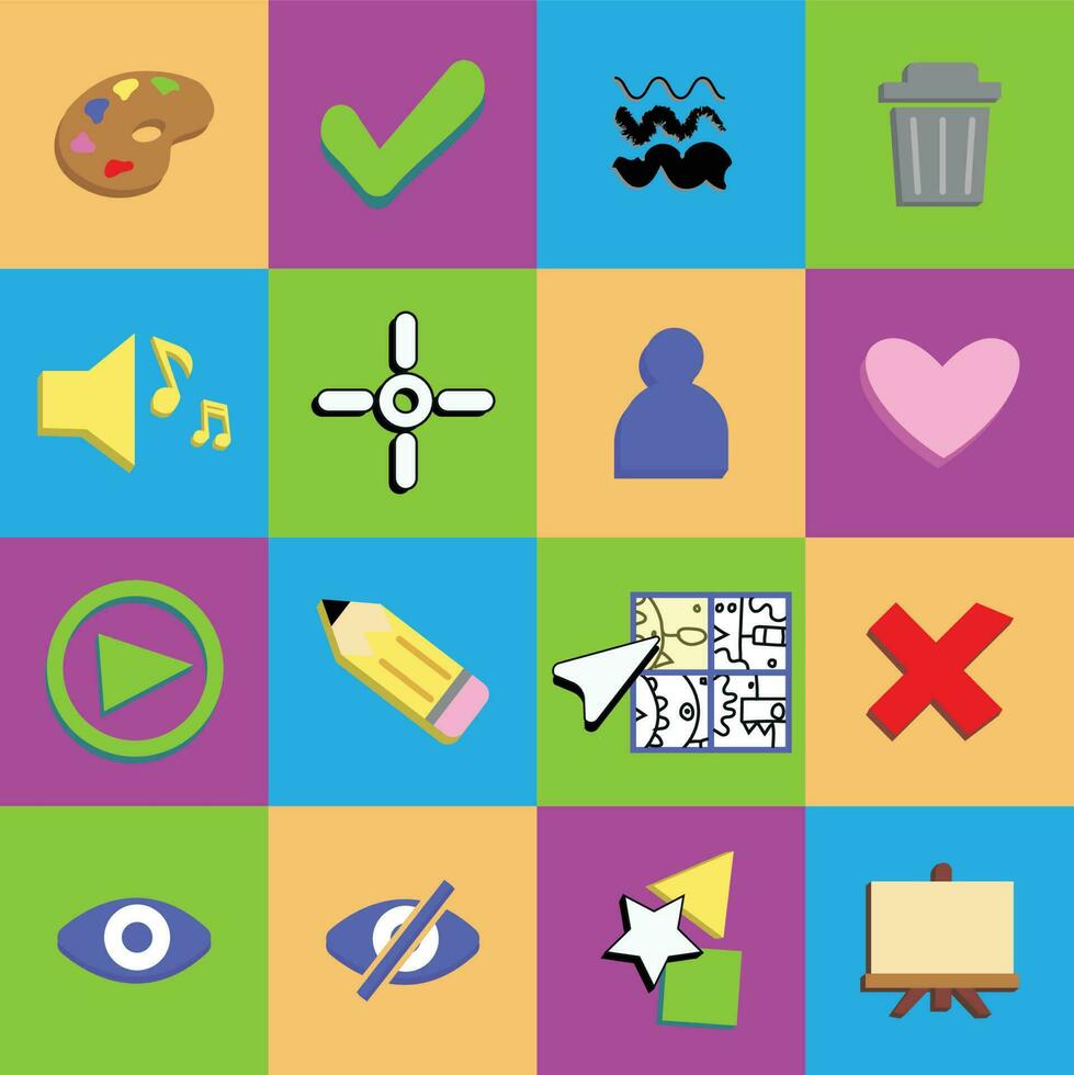 Kid-Friendly Artistic Icons- Paint Palette, Selection Tool, Brushes, Checkmark, Music Sound, Trash, Profile, Pencil, Play, Heart, Color Picker, Exit, Visible Eye, Not Visible Eye, Shapes, Canvas vector