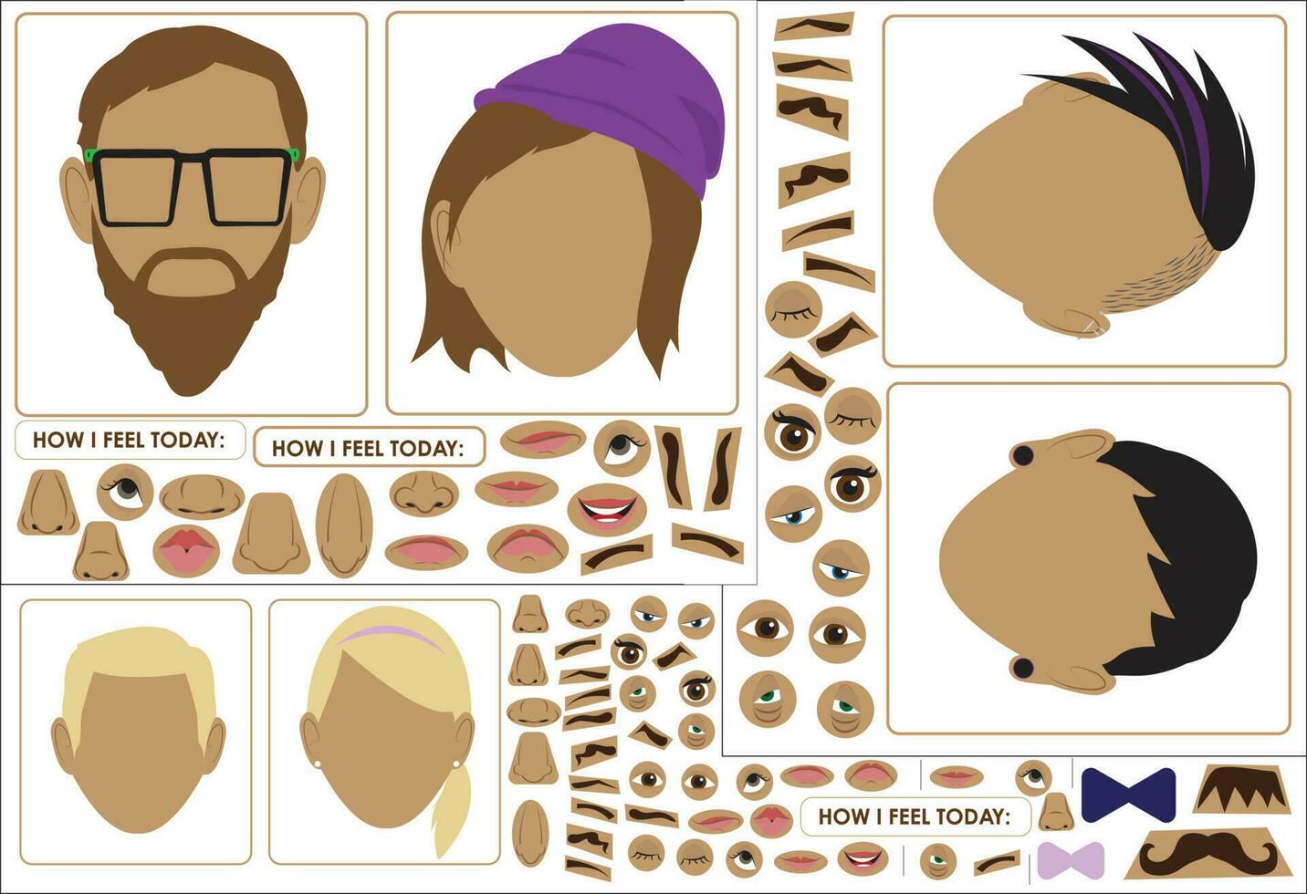 variedad de caras con mezcla y partido facial caracteristicas vector