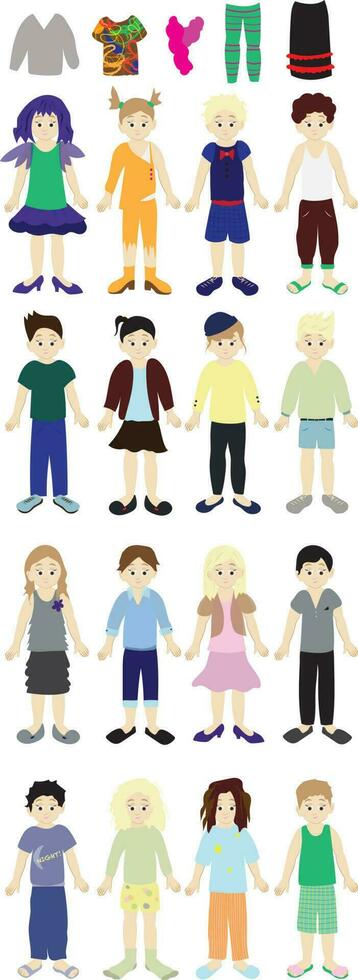 Dress Up Paper Doll with Numerous Outfit Choices for Boys and Girls vector