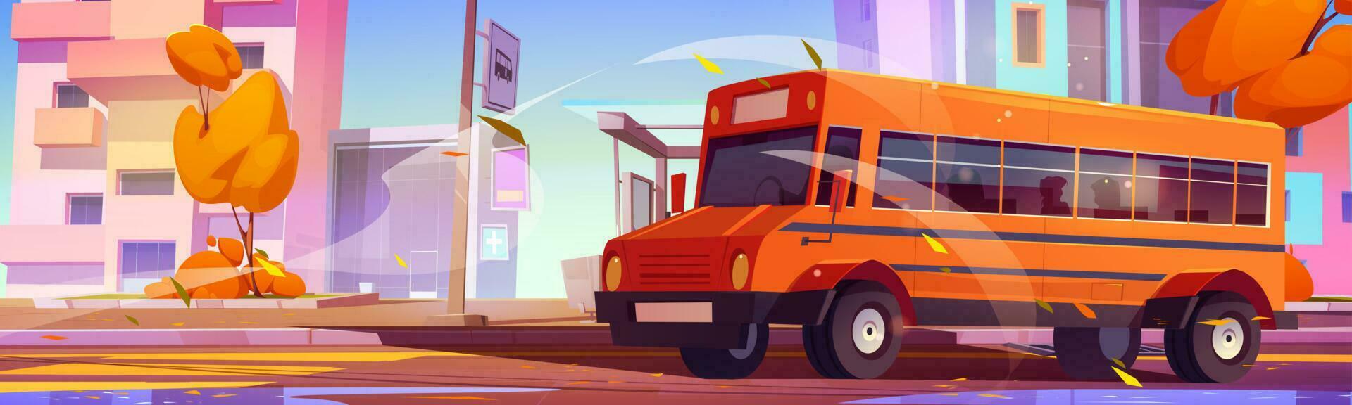 Yellow school bus riding city street in autumn vector