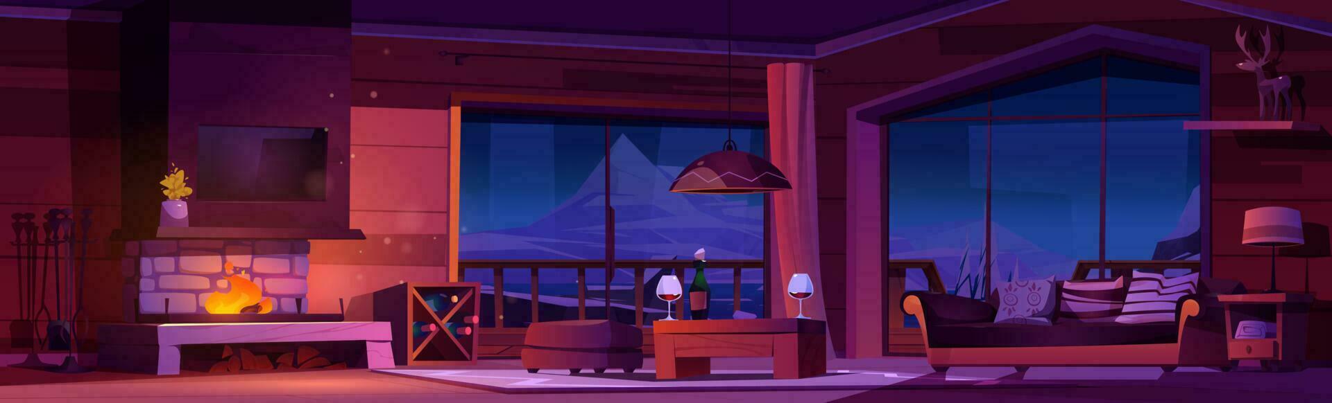 Night chalet interior with fireplace illustration vector