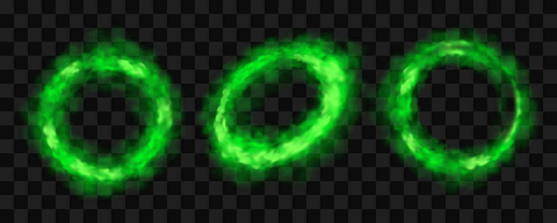 Green smoke circles, round glow smog clouds set vector