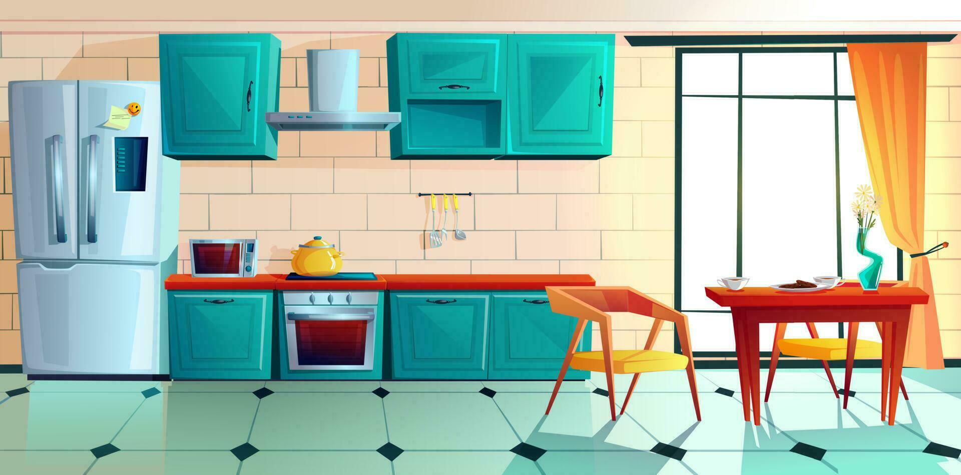 Home kitchen, empty interior with appliances. vector