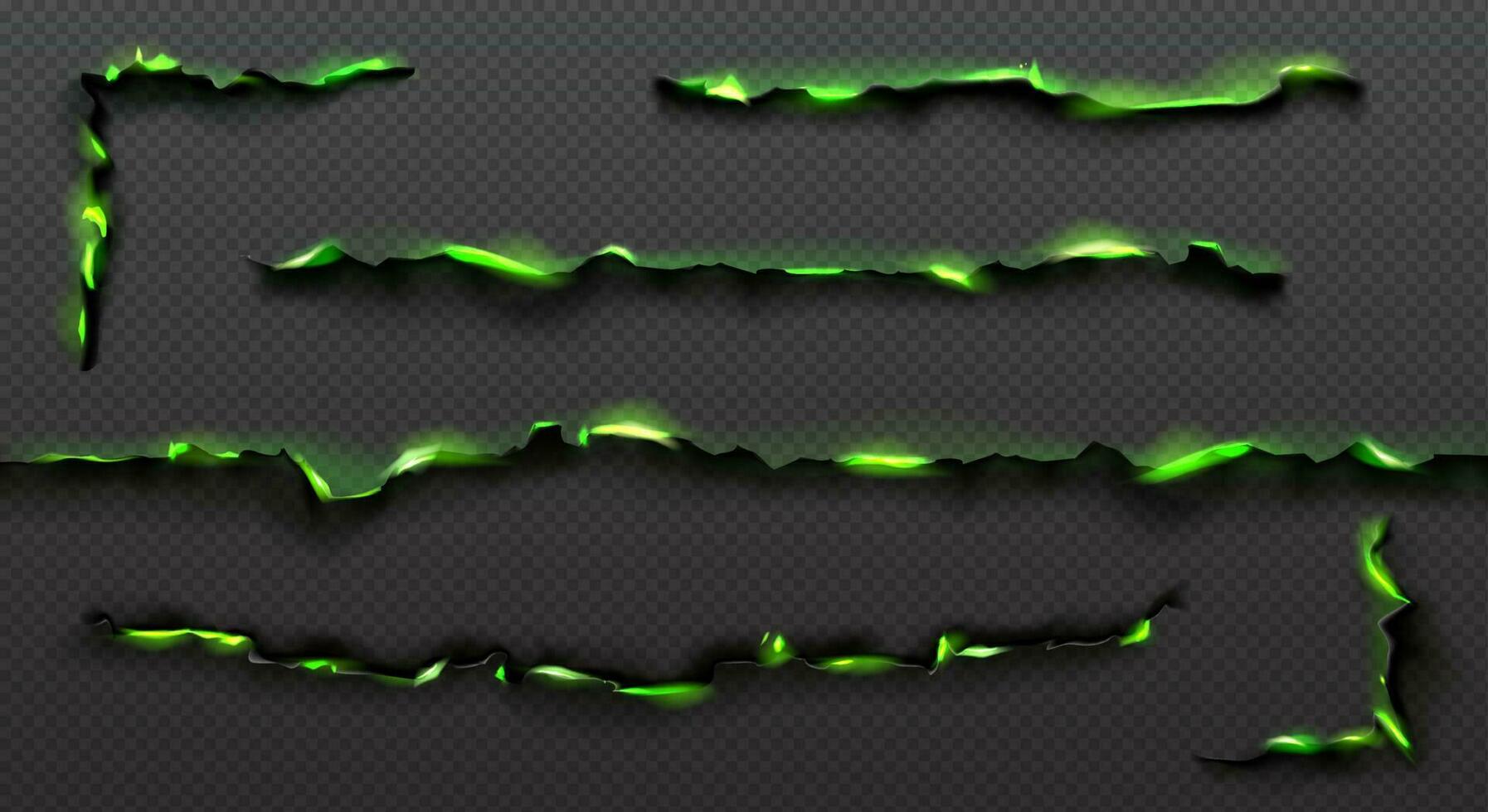 Realistic set of green fire burning on paper edges vector