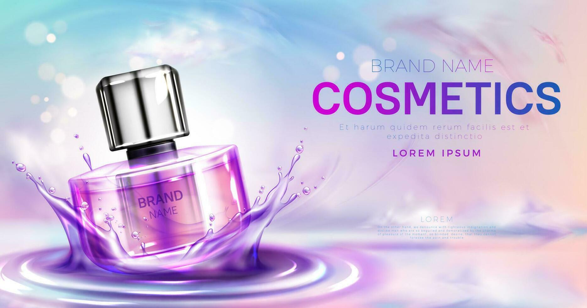 Perfume cosmetic bottle on splashing water surface vector