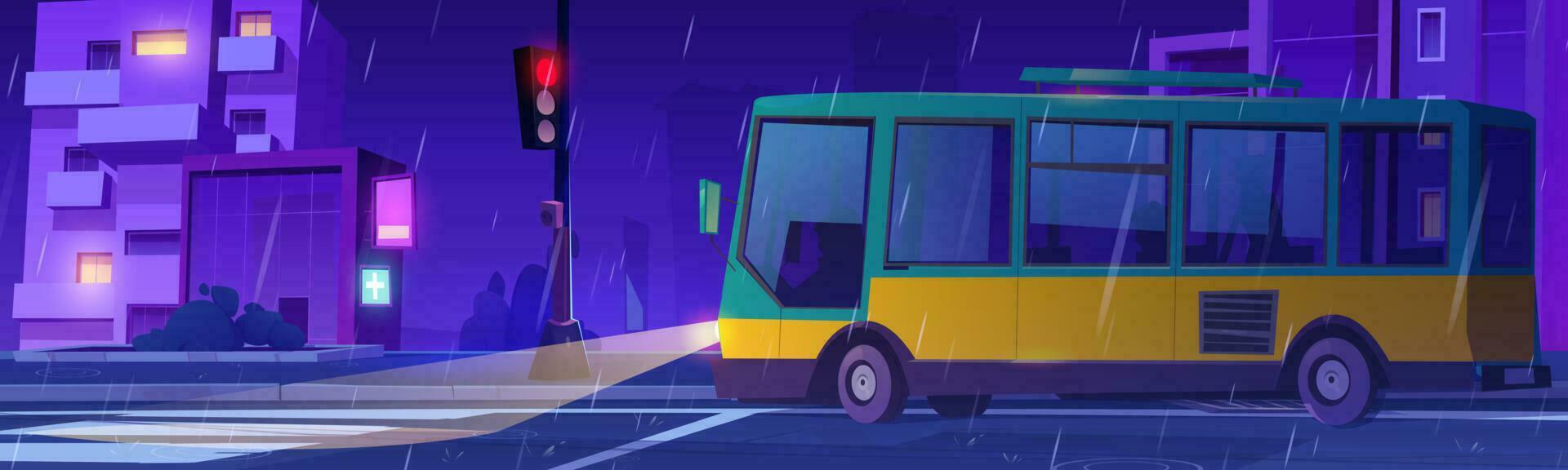 Night rain on city street, bus stop on red light vector