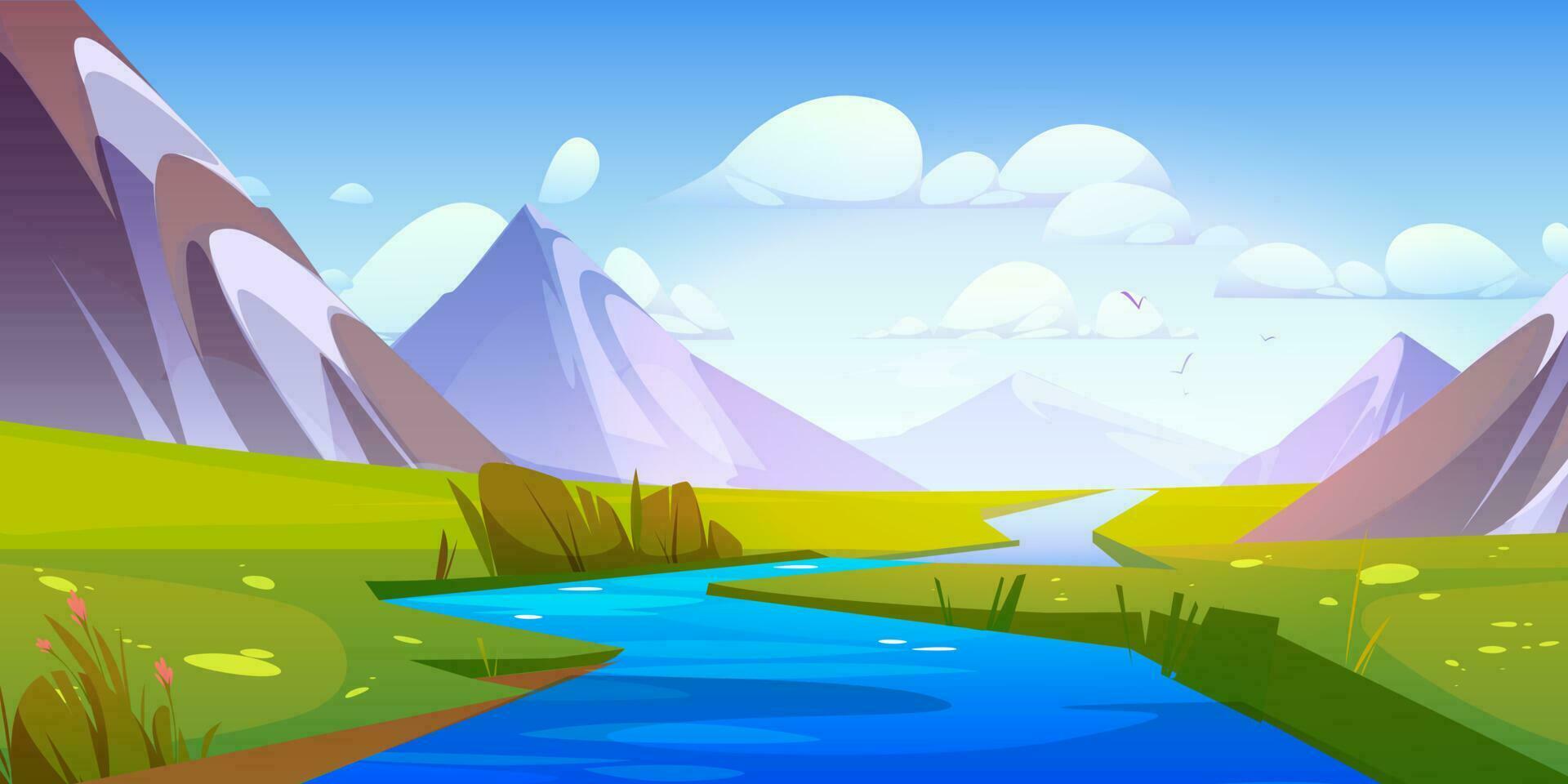 río agua corriente y montaña verano paisaje. vector