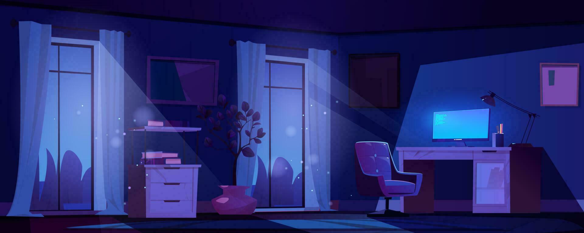 Night work office room with magic light background vector