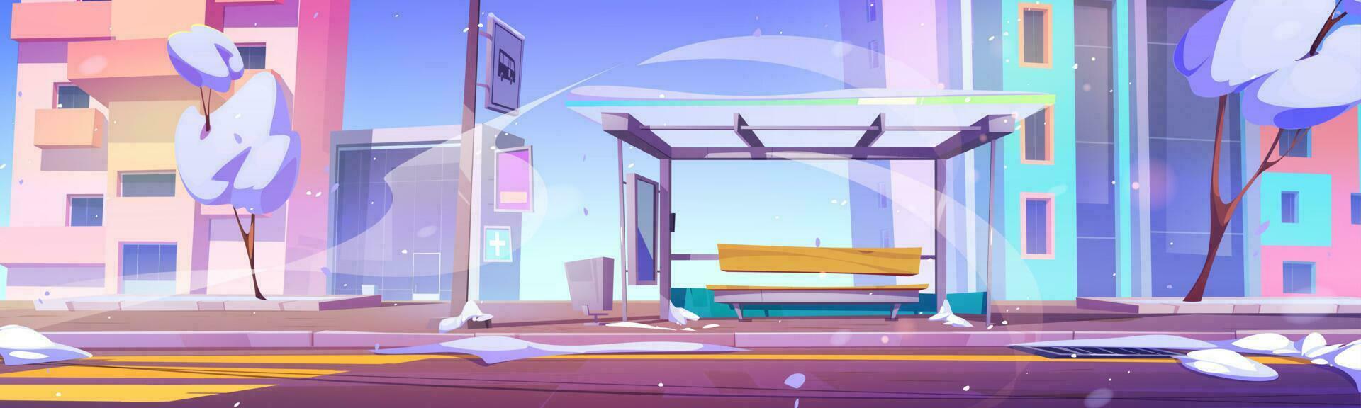 Cartoon winter city street with bus stop vector