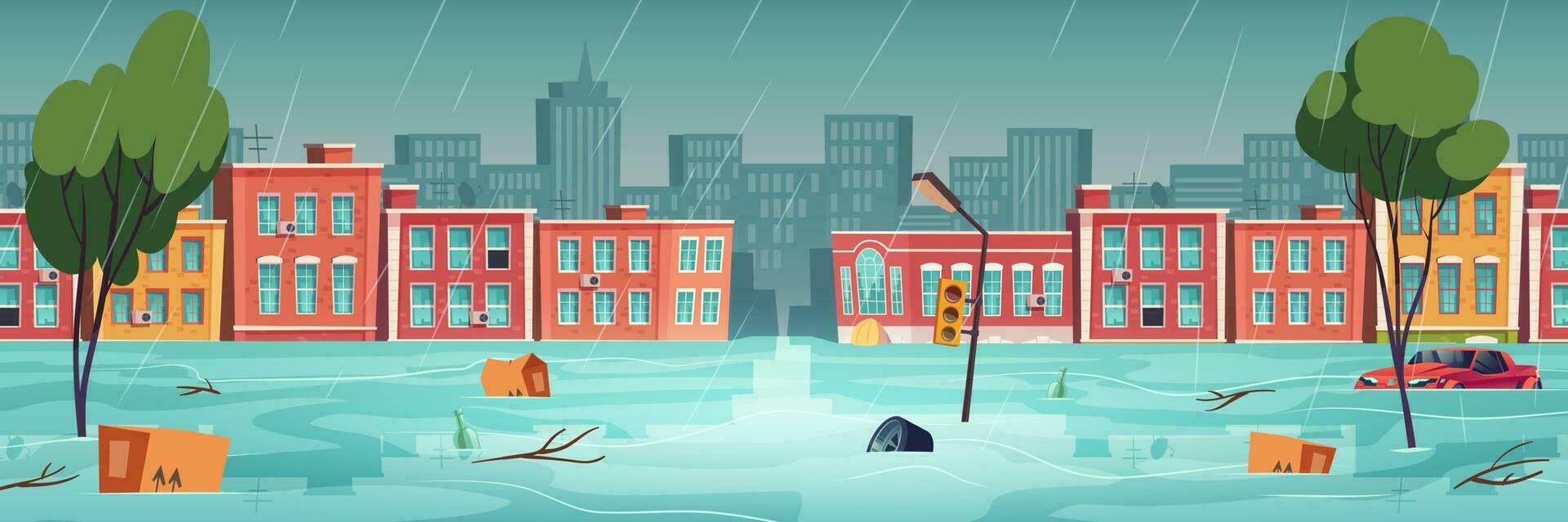 Flood in town, river, water stream on city street vector