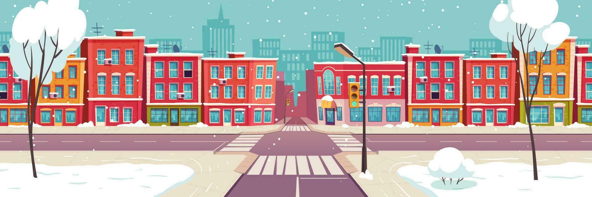 Winter city street, snowy urban landscape vector