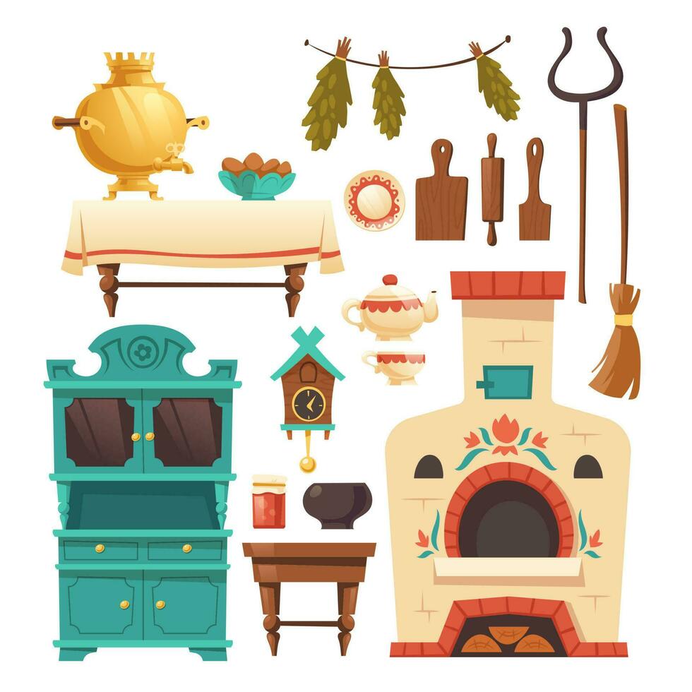 Interior elements of old russian kitchen with oven vector