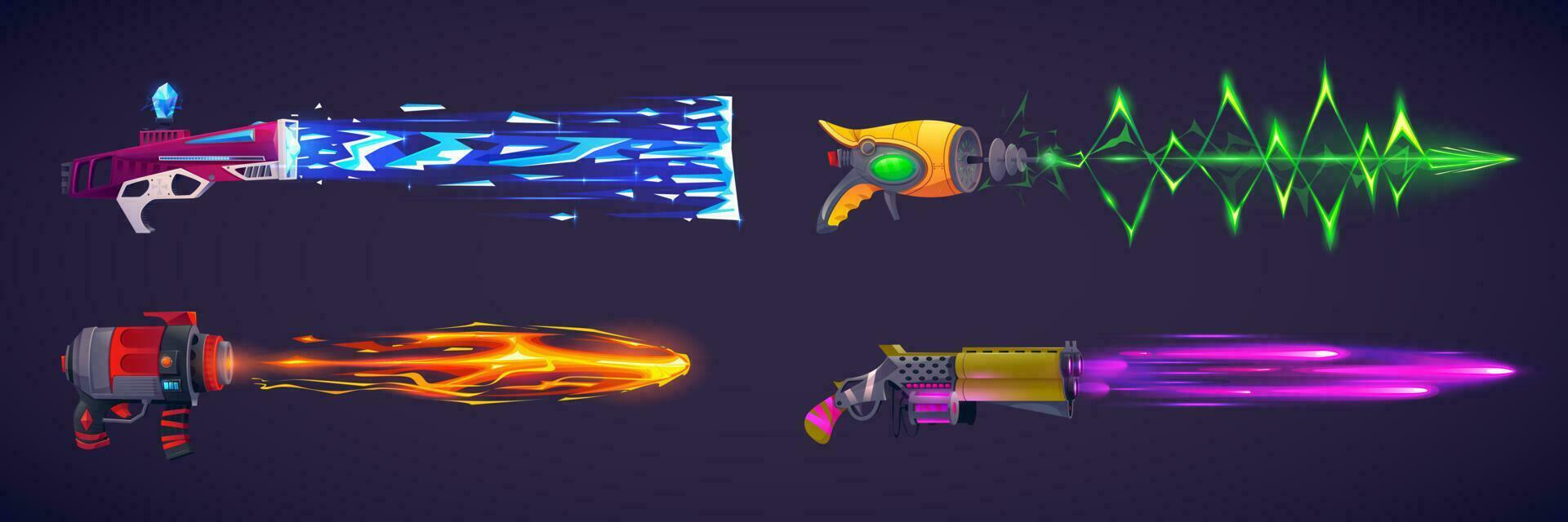 Magic game space gun with laser beam comic effect vector
