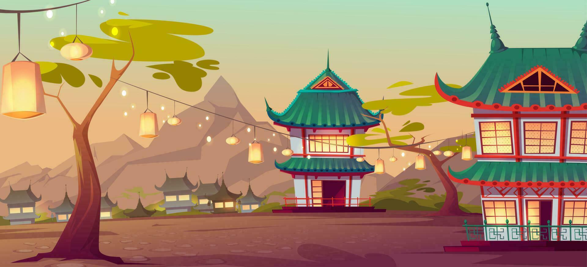 Chinese, asian village with traditional houses vector