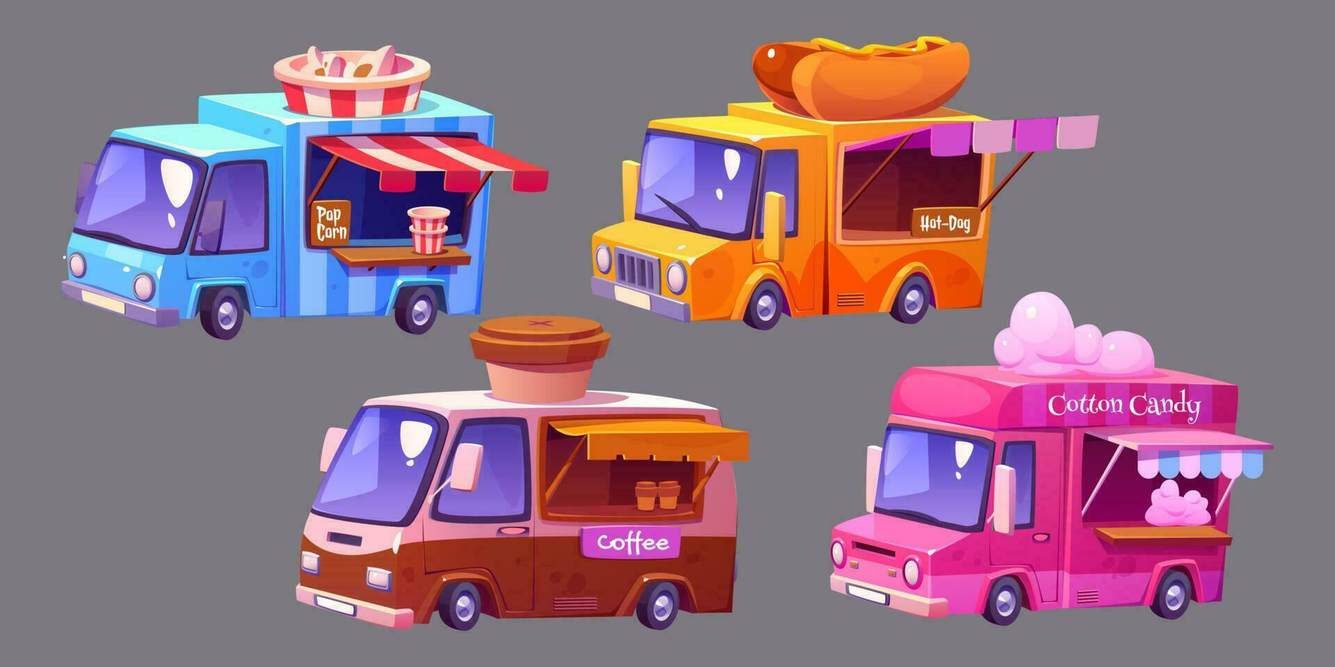 Cartoon set of retro street food trucks vector