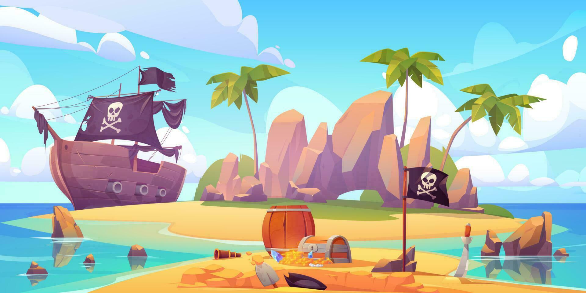 Pirate buries treasure chest on island beach vector