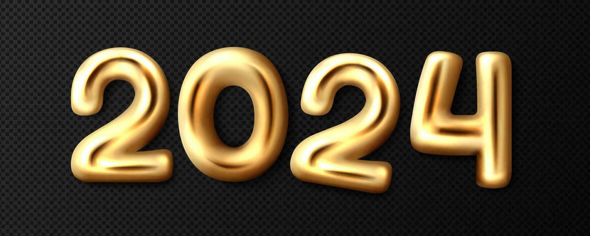 3d gold numbers of 2024 year, golden balloons vector