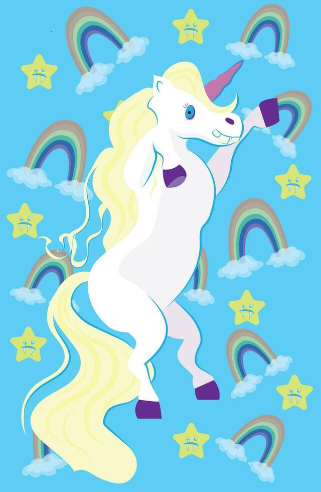 Whimsy, Creepy Unicorn with Scary Star and Rainbow Pattern Background vector