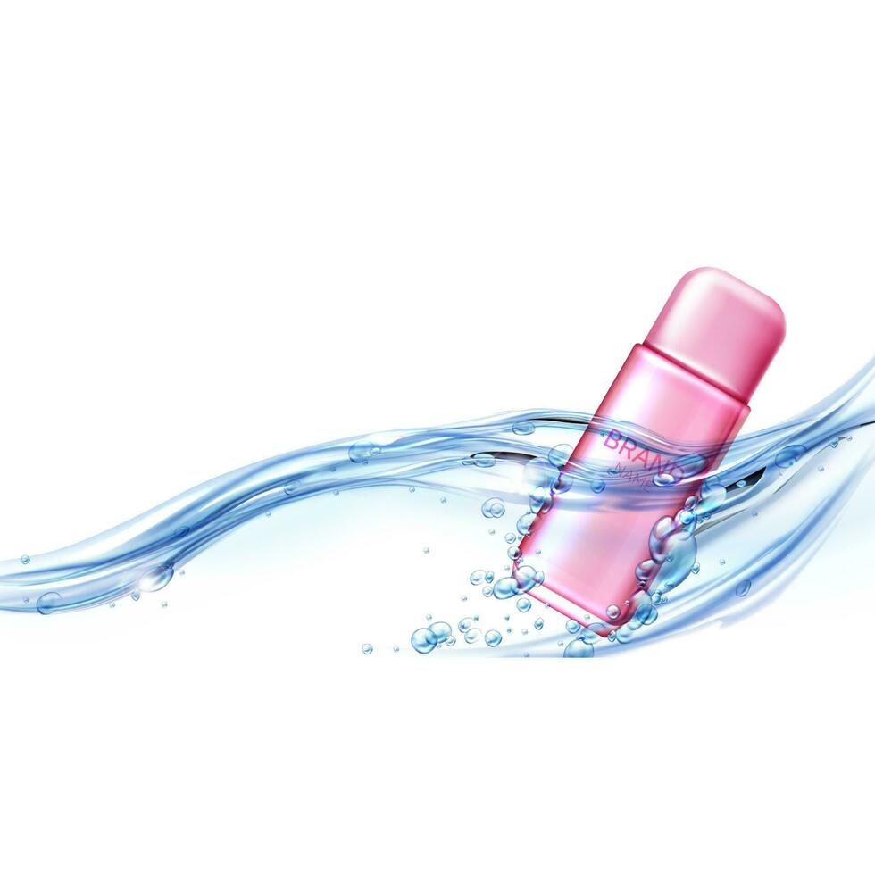 Pink spray bottle female deodorant in water flow vector