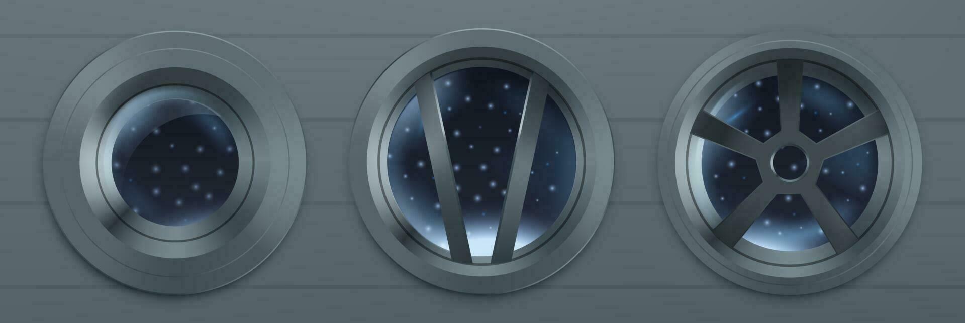 Porthole in spaceship, metal round windows vector