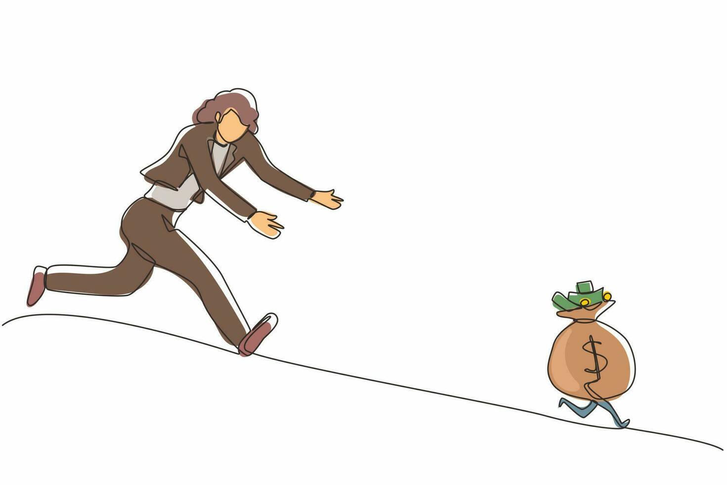 Single continuous line drawing businesswoman chasing money bag dollar run away. Concept of achieving goals and profits, striving for success, running for money. One line draw graphic design vector