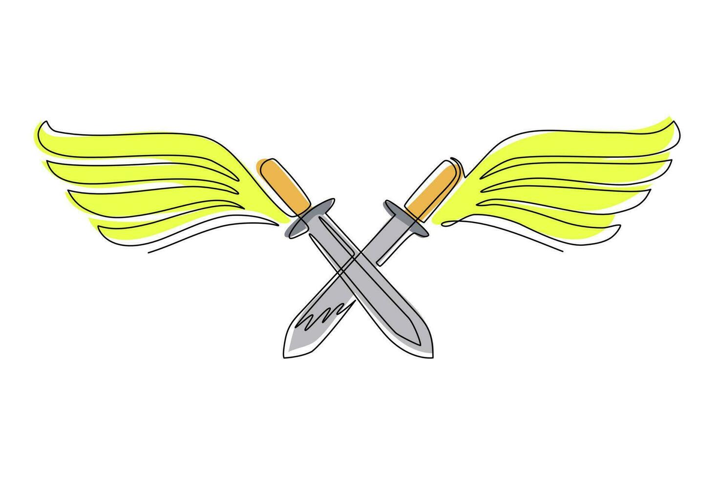 Single one line drawing flying two crossed swords. Weapon of medieval fantastic warrior. Winged two crossed swords logo with elegant outspread wings. Continuous line draw design vector illustration