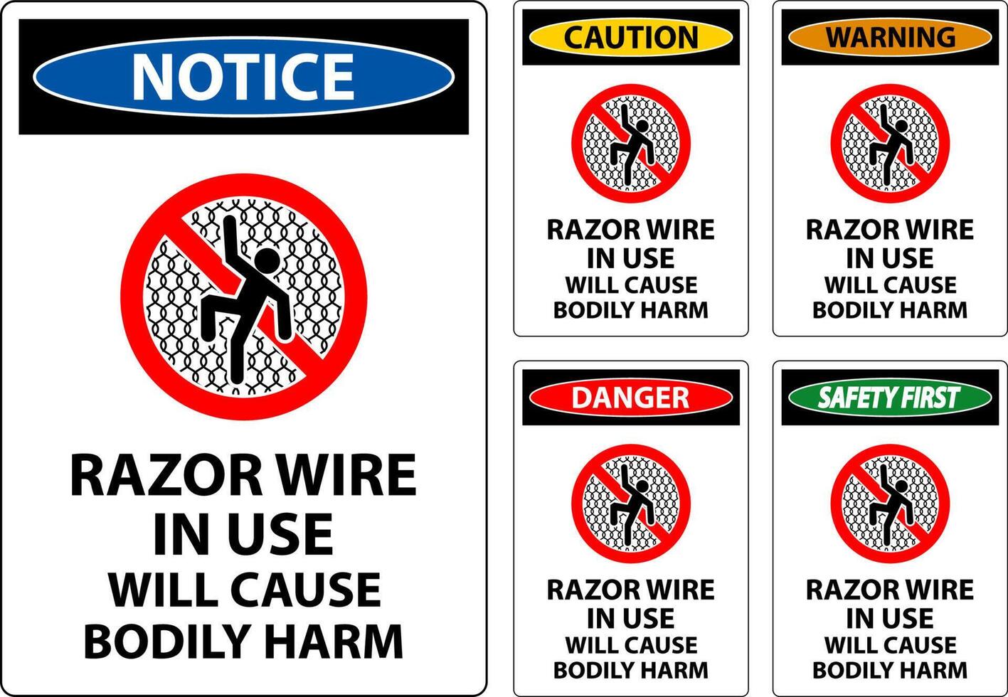 Danger Sign Razor Wire In Use Will Cause Bodily Harm vector