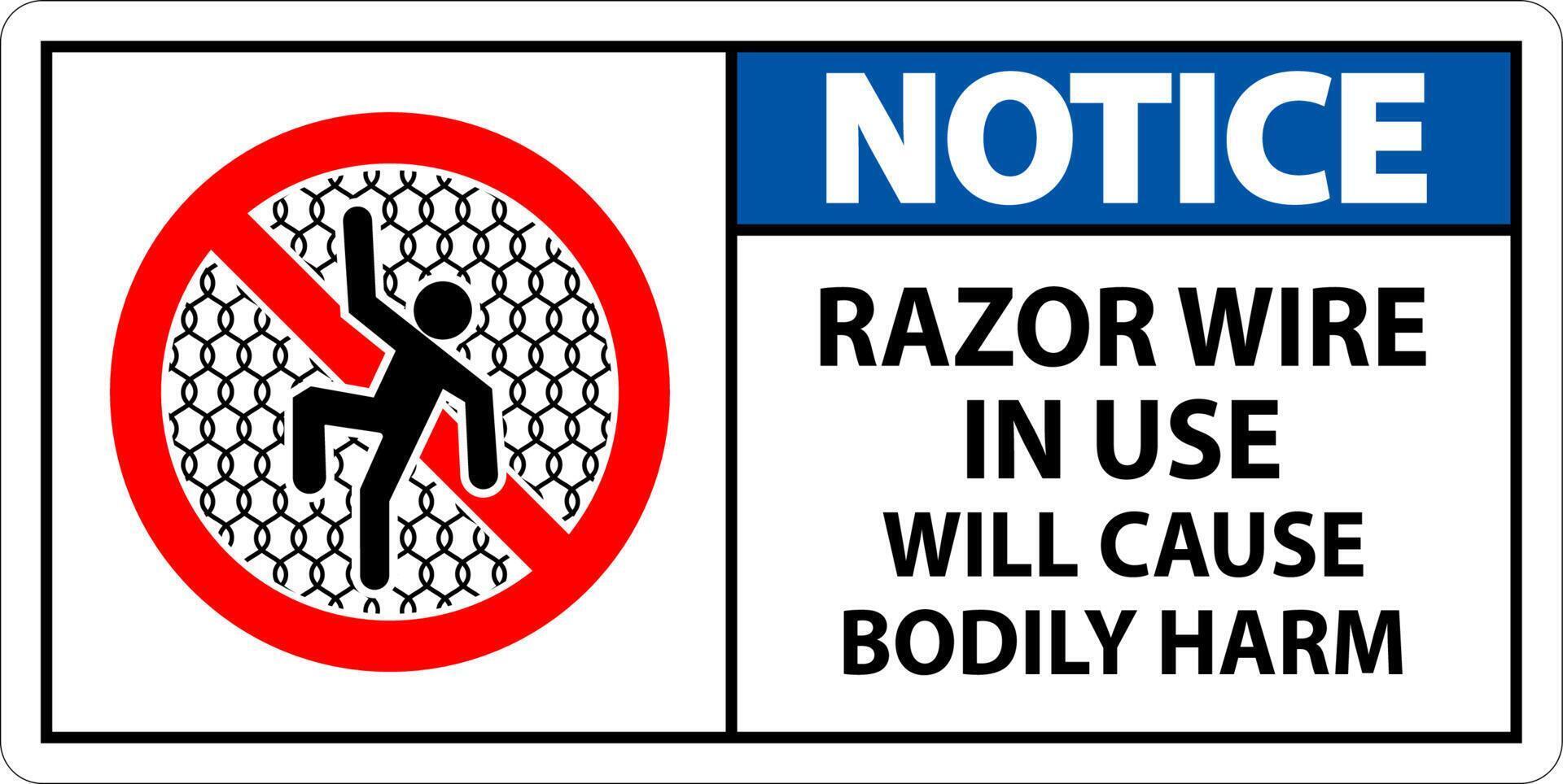 Notice Sign Razor Wire In Use Will Cause Bodily Harm vector