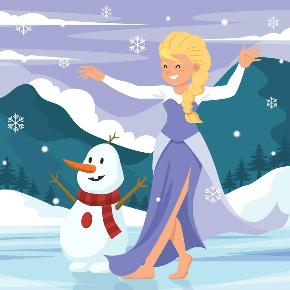 niña y su monigote de nieve bailando en el hielo vector