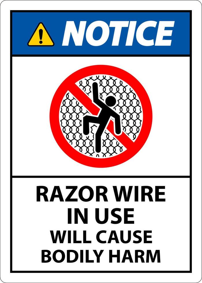 Notice Sign Razor Wire In Use Will Cause Bodily Harm vector