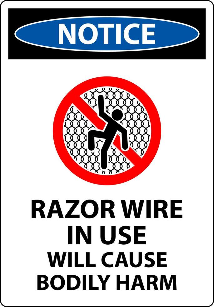 Notice Sign Razor Wire In Use Will Cause Bodily Harm vector