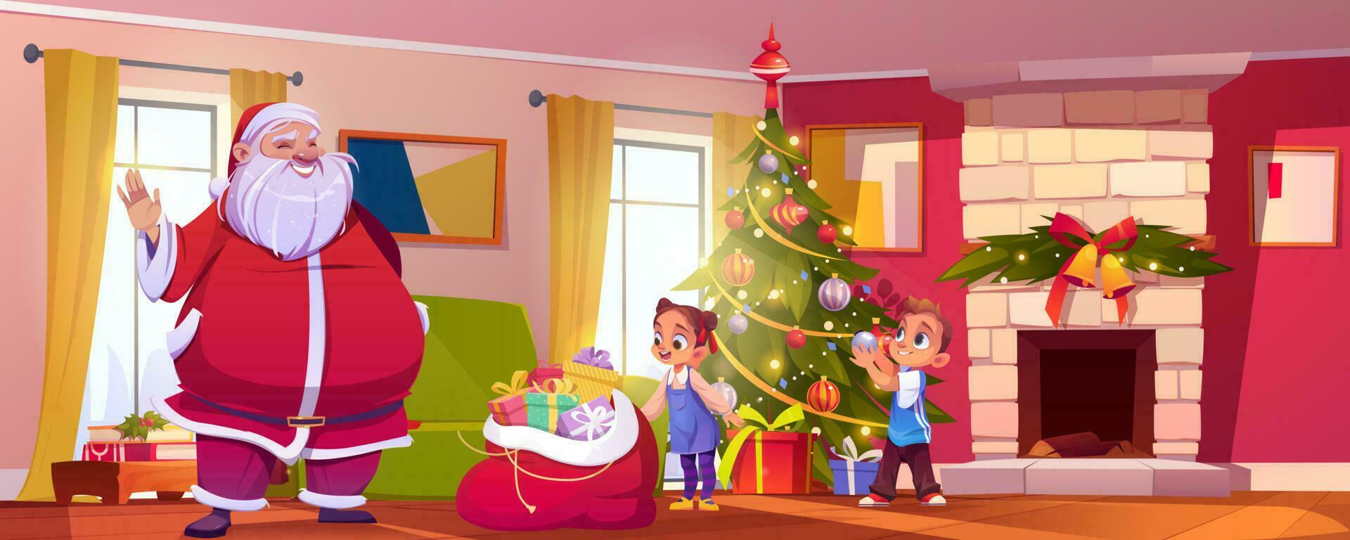 Christmas living room with Santa and fireplace vector