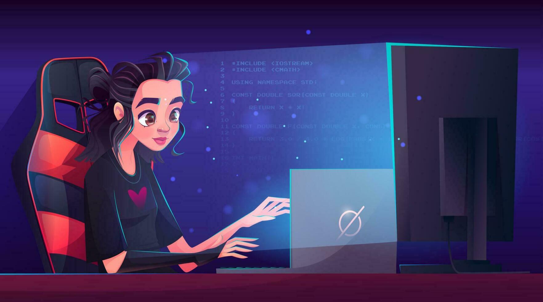 Female programmer working on computer at night vector
