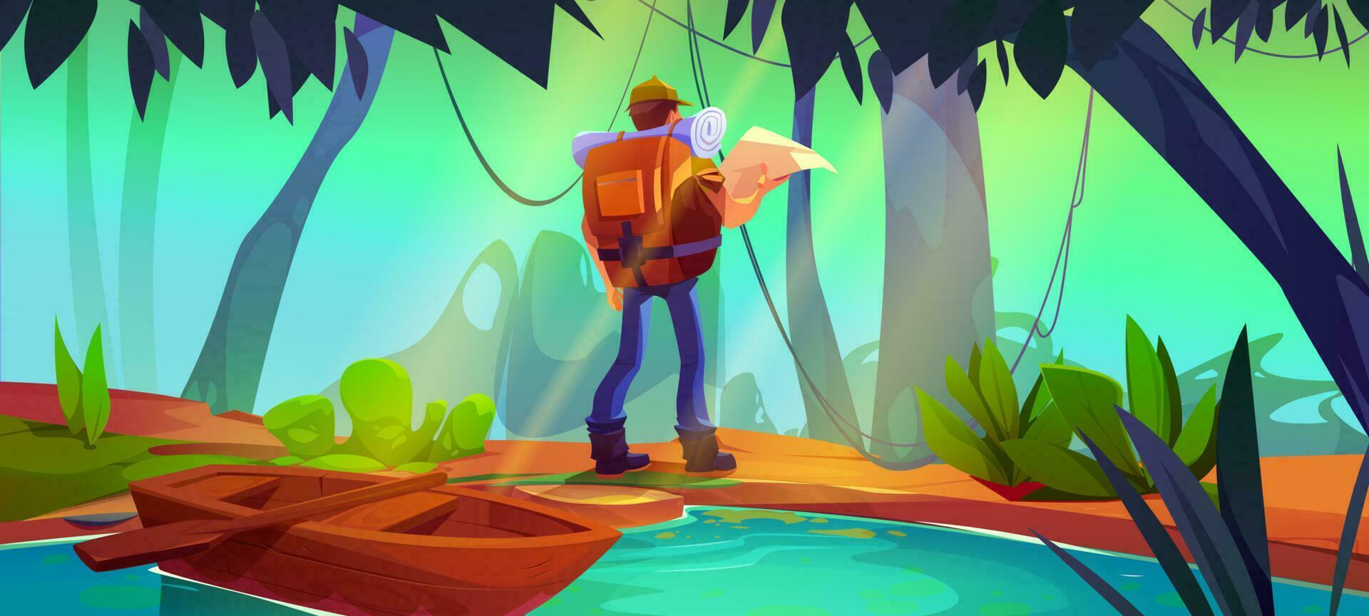 Jungle forest landscape with trees and tourist vector