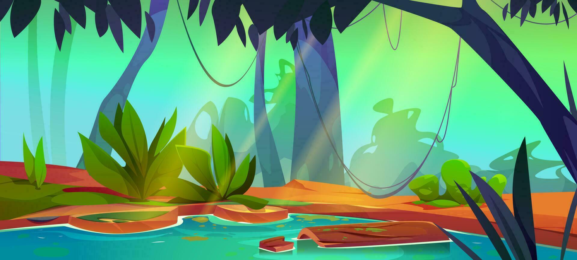 Swamp in jungle forest vector game background