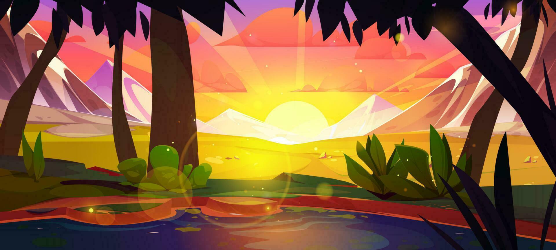 verano montaña con lago naturaleza puesta de sol paisaje vector