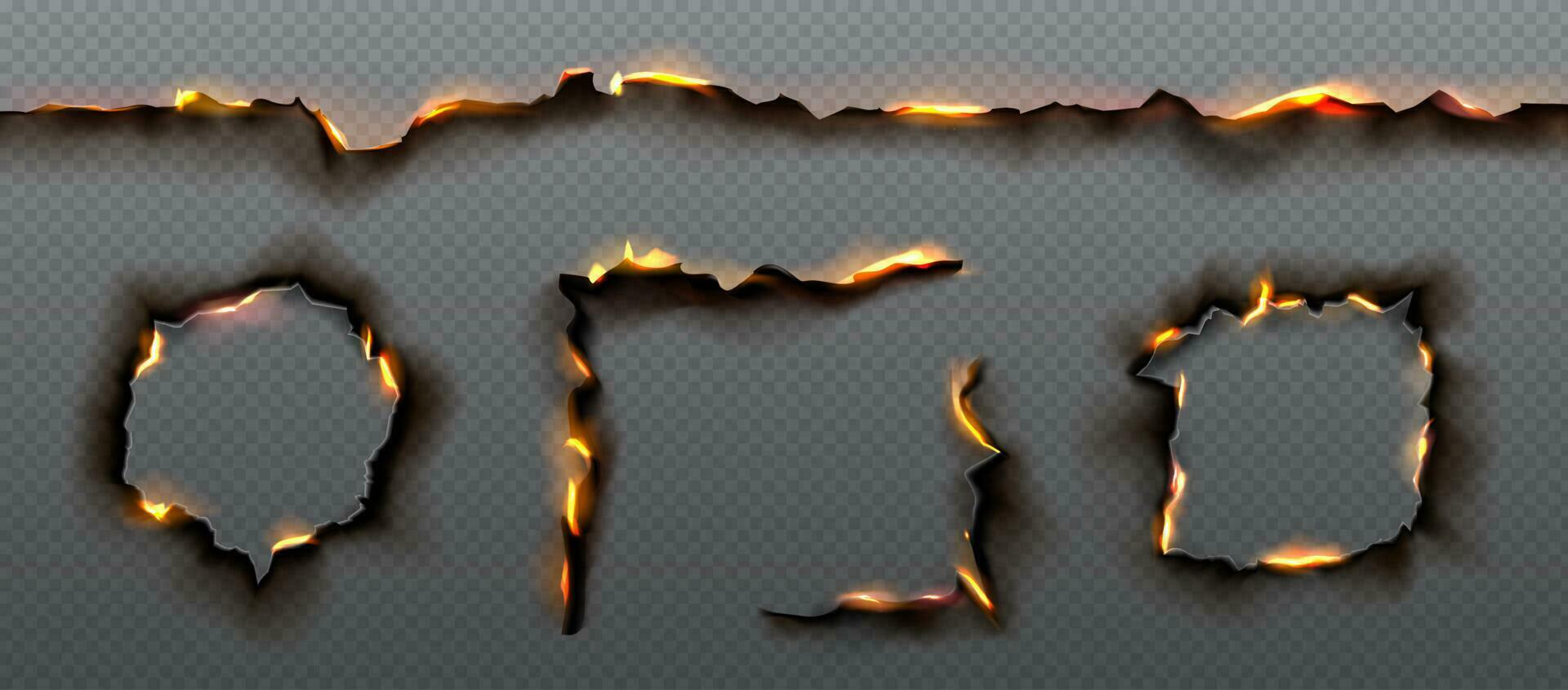 Burn edge paper hole corner, fire texture effect vector