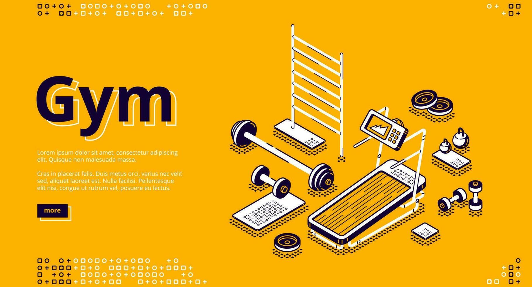 Gym isometric landing page, fitness equipment vector