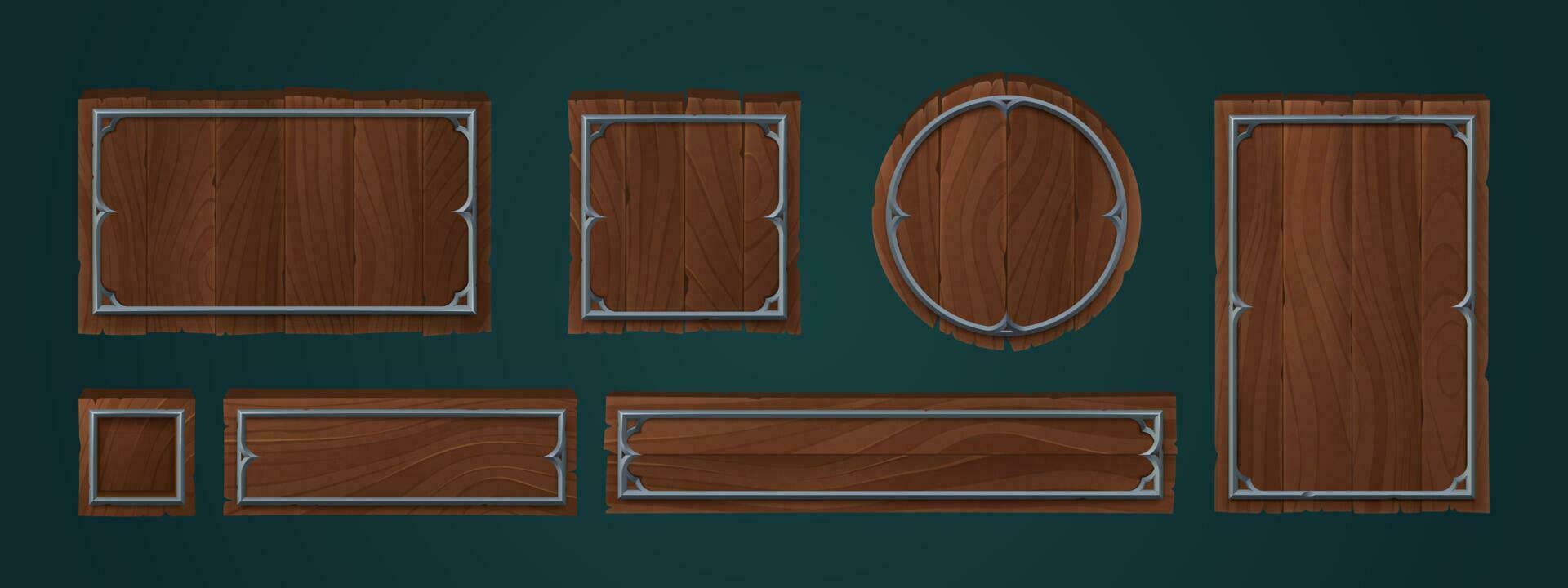 Wooden plates with metal frames for game ui design vector