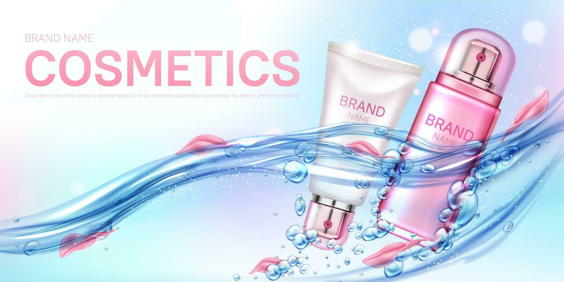 Cosmetics bottles floating in water with petals vector