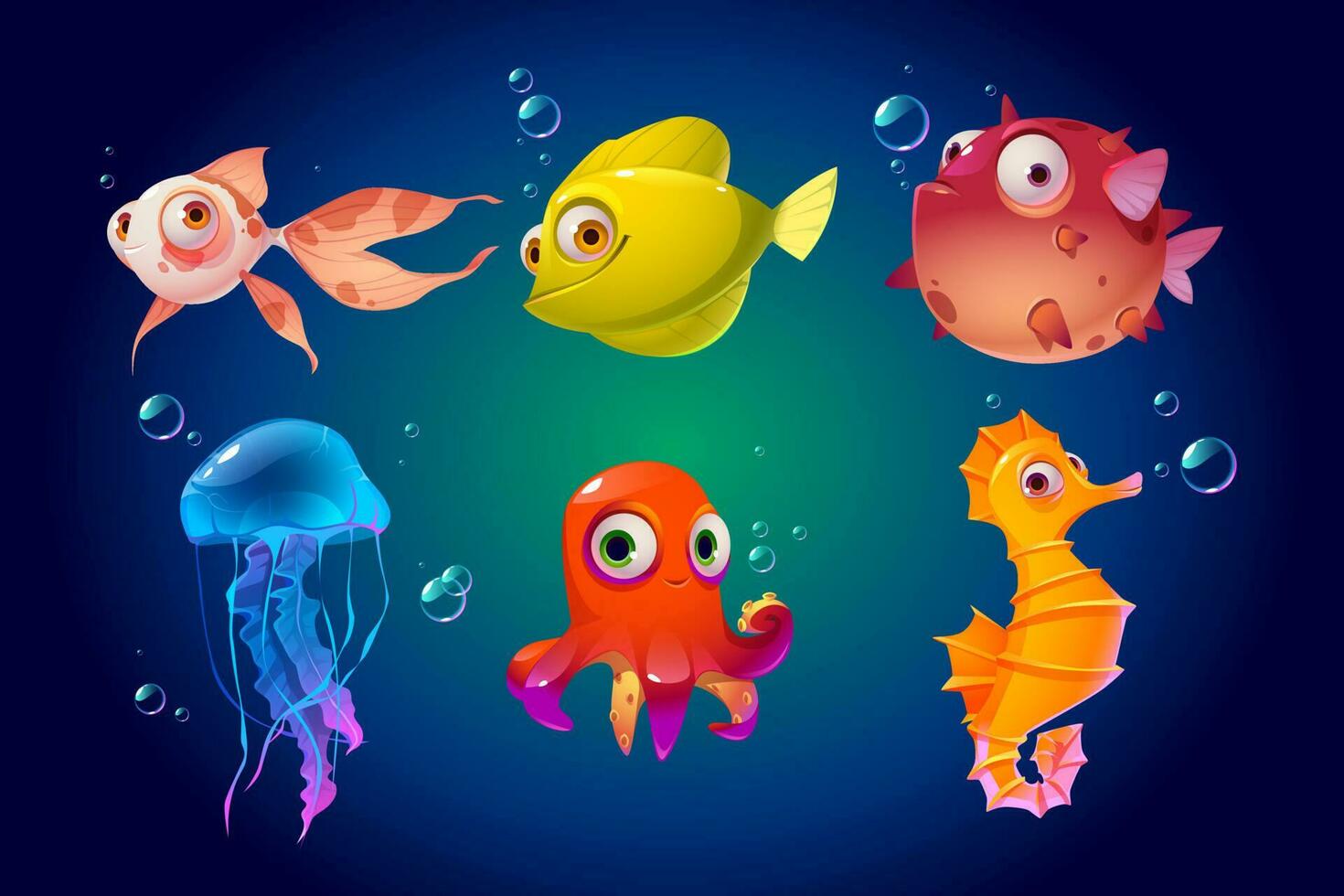 Cute sea animals, fish, octopus, jellyfish, puffer vector