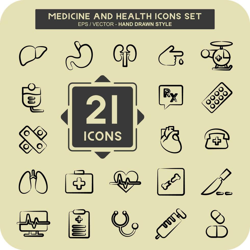 icono conjunto medicina y salud. adecuado para educación símbolo. mano dibujado estilo. sencillo diseño editable vector