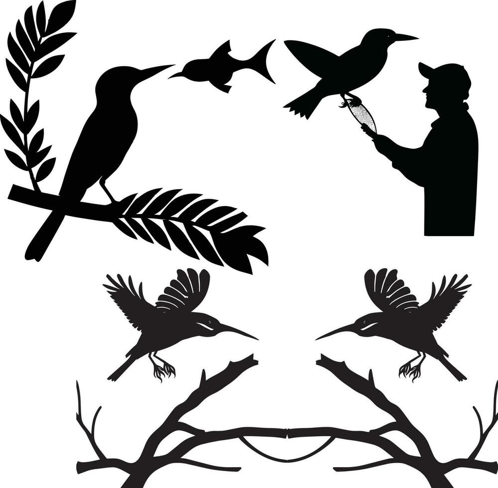 aves, árbol y hombre vector silueta. esta es un editable y imprimible vector archivo