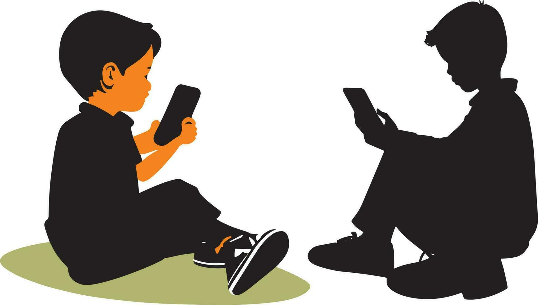Two Cute And Beautiful Boy Using A Mobile Phone Silhouette Vector