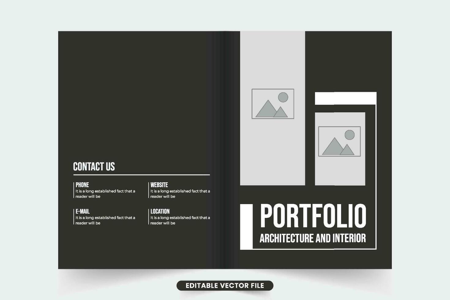 Architecture and interior portfolio cover template for marketing. Modern real estate business promotional magazine design with photo placeholders. Architect business advertisement cover template. vector