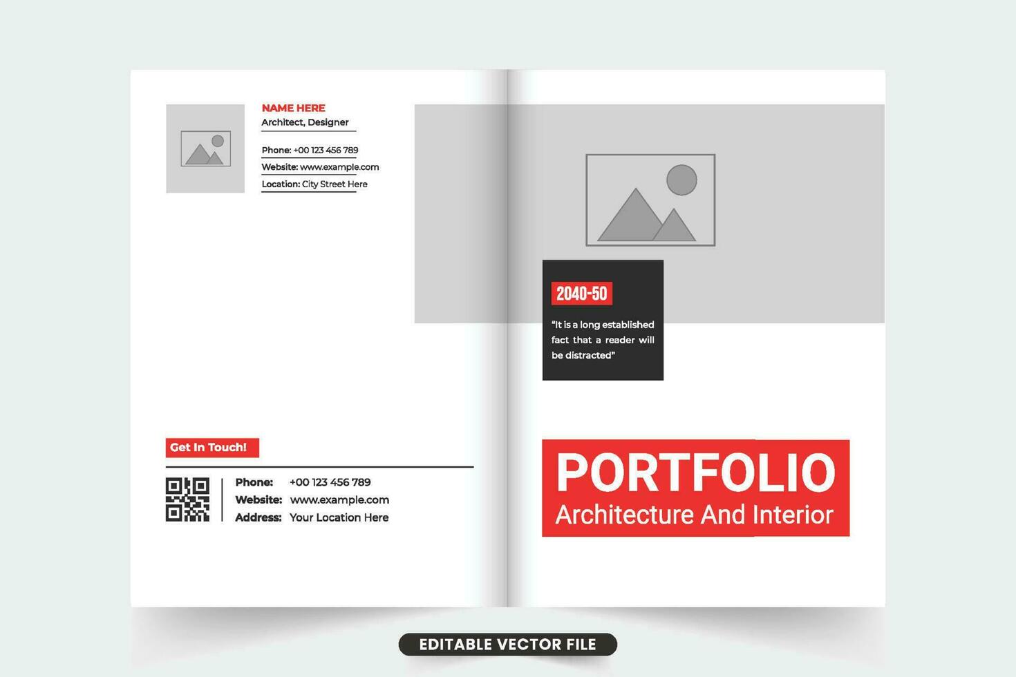 Real estate service portfolio cover template with photo placeholders. Modern architect profile cover template with red and dark colors. Architecture and interior service magazine cover design. vector