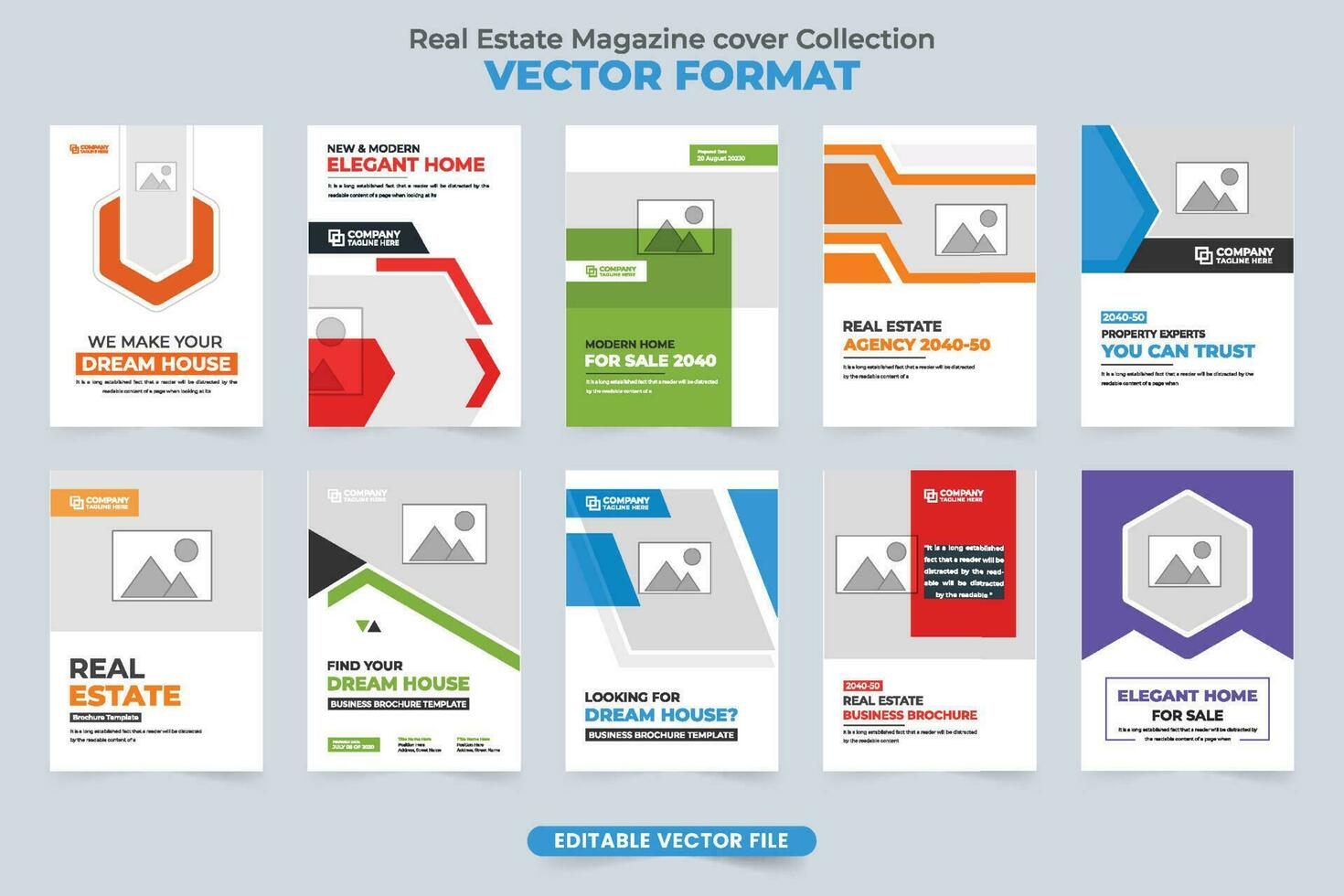 Real estate portfolio and magazine cover set vector with photo placeholders. Modern home selling business promotion booklet cover collection for marketing. House sale company brochure cover bundle.