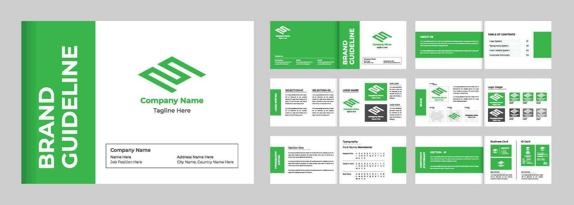 Brand identity and design guideline template vector for the company. Special branding guidelines magazine template design with green and dark colors. Company Manual layout vector with logo guidelines.