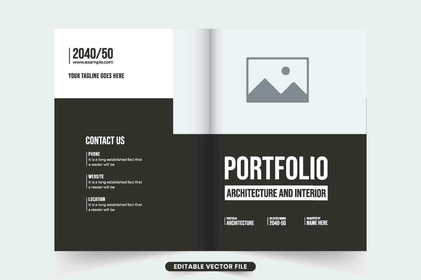 Creative architecture portfolio cover design with black and white colors. Modern architecture business promotion brochure cover template. Real estate magazine cover vector with photo placeholders.